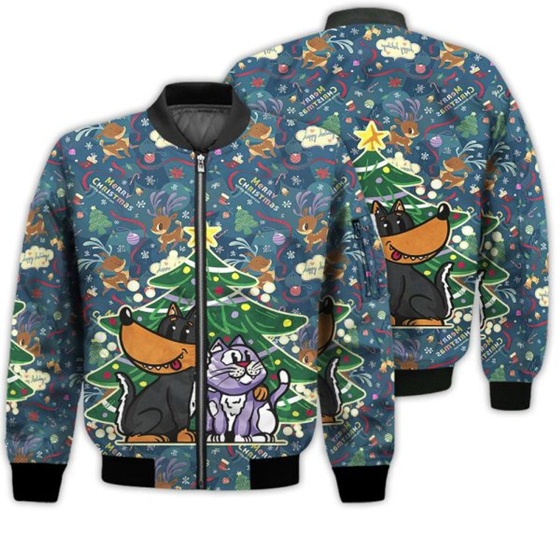FUNSTUFFPRINTI Merry Christmas Cat And Dog Under Christmas Tree Retro Christmas Holiday Gifts Unisex 3D Bomber Jacket