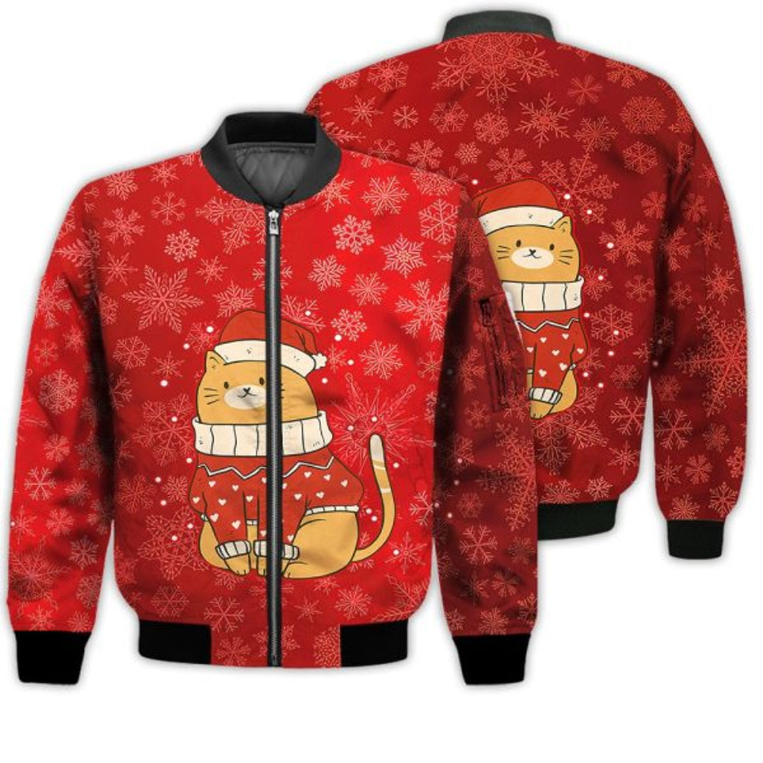 FUNSTUFFPRINTI Merry Christmas Cat Snow In Christmas Retro Christmas Holiday Gifts Unisex 3D Bomber Jacket