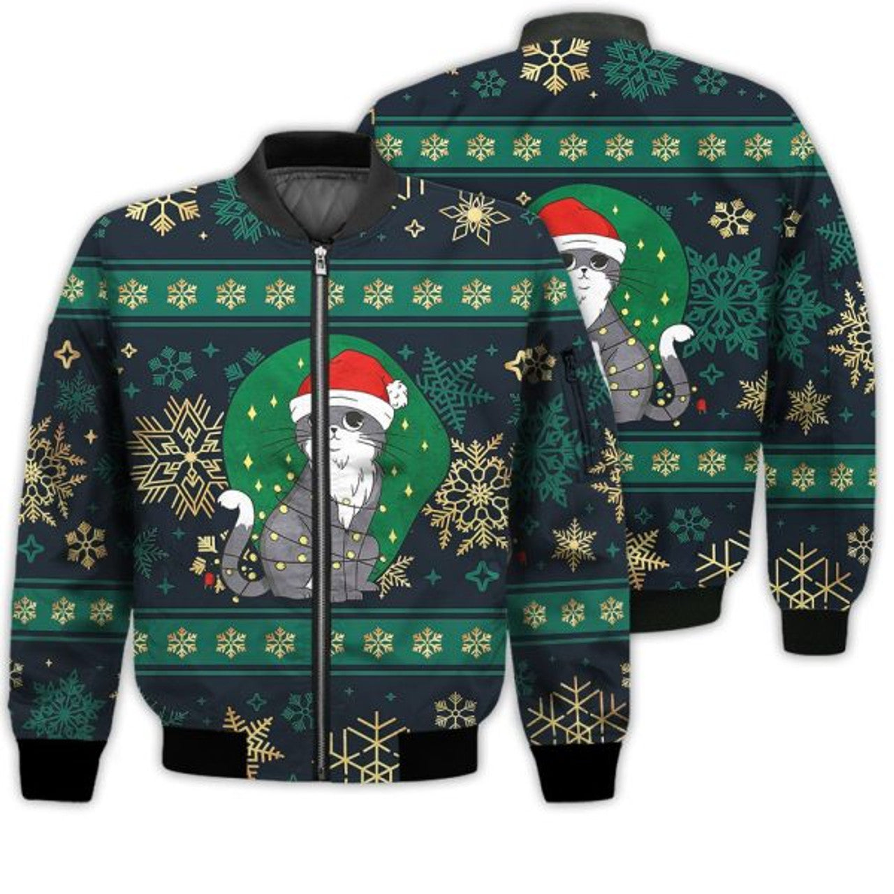 FUNSTUFFPRINTI Merry Christmas Cat With Christmas Tree Retro Christmas Holiday Gifts Unisex 3D Bomber Jacket
