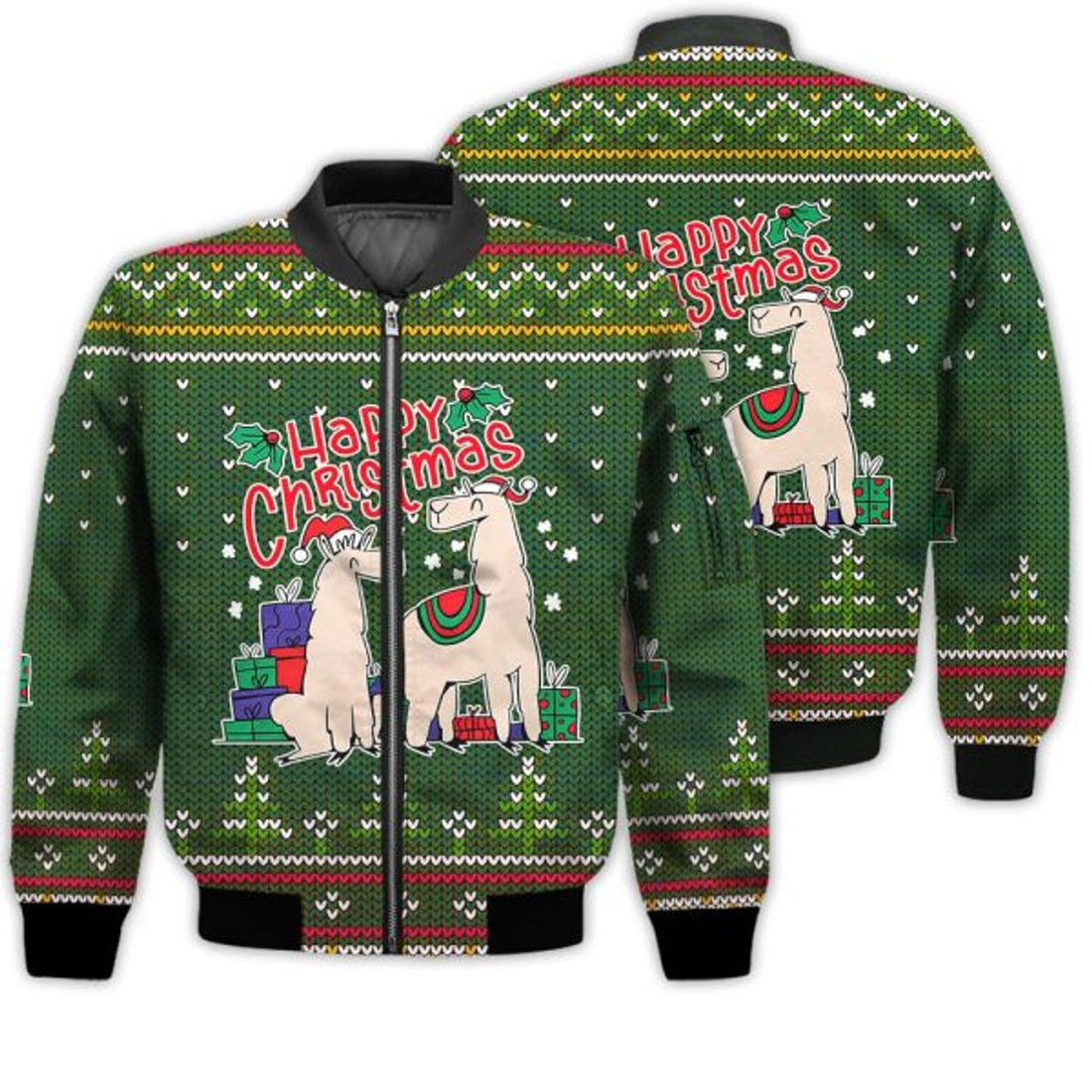 FUNSTUFFPRINTI Merry Christmas Christmas Alpacas Retro Christmas Holiday Gifts Unisex 3D Bomber Jacket
