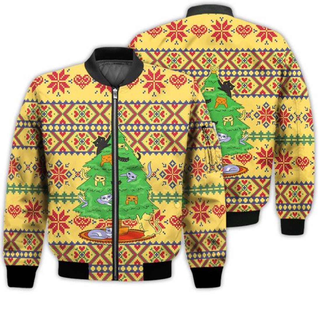 FUNSTUFFPRINTI Merry Christmas Christmas Cat Tree Retro Christmas Holiday Gifts Unisex 3D Bomber Jacket