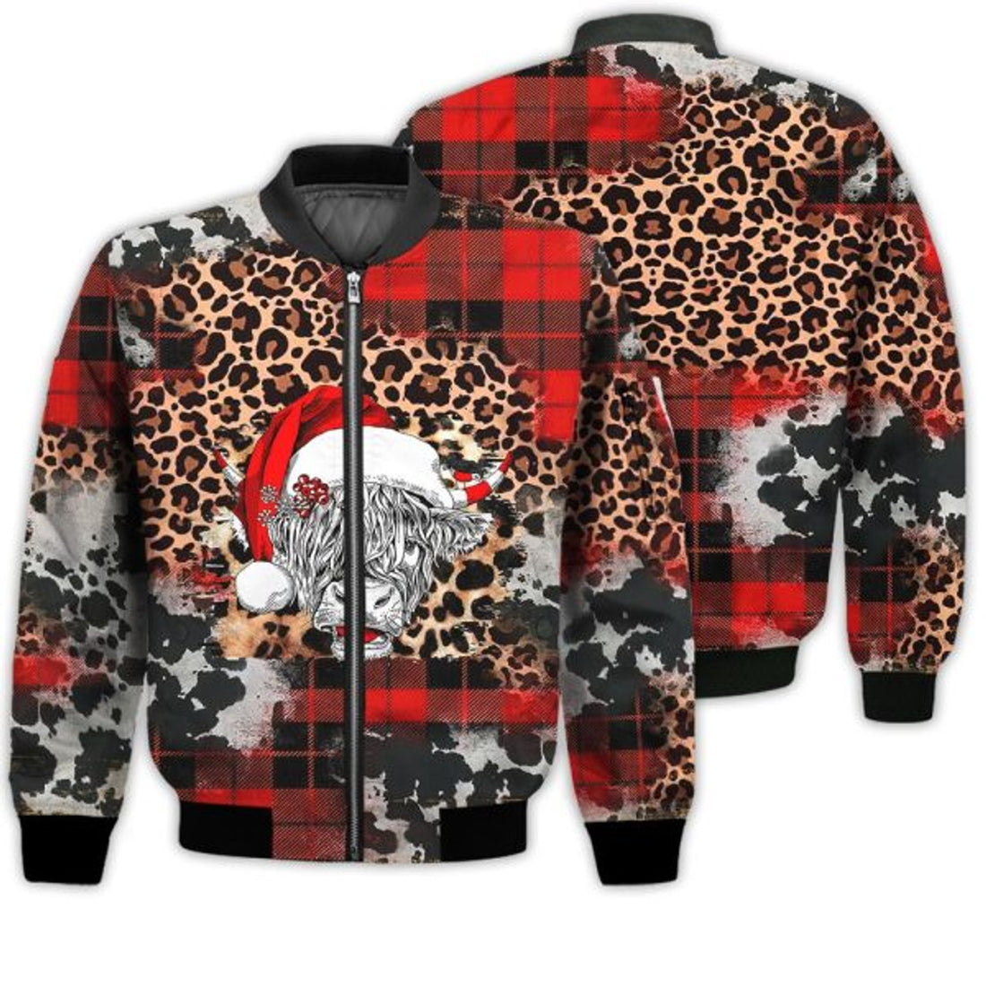 FUNSTUFFPRINTI Merry Christmas Christmas Cow Leopard Retro Christmas Holiday Gifts Unisex 3D Bomber Jacket