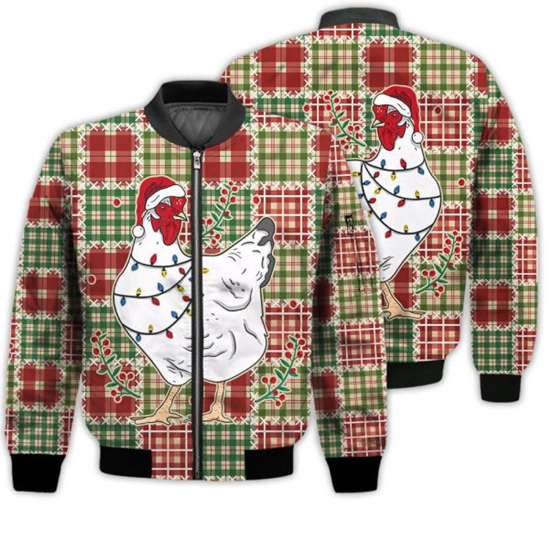 FUNSTUFFPRINTI Merry Christmas Christmas Lights Chicken Retro Christmas Holiday Gifts Unisex 3D Bomber Jacket
