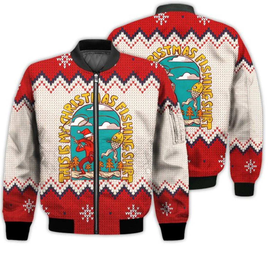 FUNSTUFFPRINTI Merry Christmas Christmas Man Fishing Retro Christmas Holiday Gifts Unisex 3D Bomber Jacket