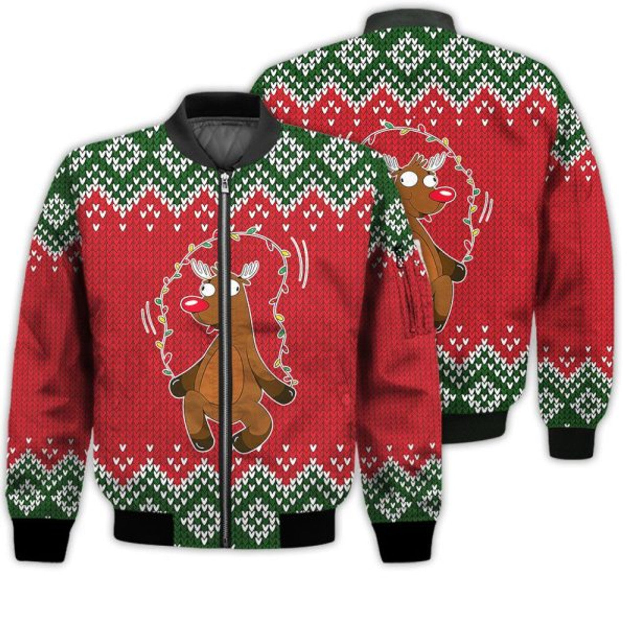 FUNSTUFFPRINTI Merry Christmas Christmas Reindeer Jumping Rope Retro Christmas Holiday Gifts Unisex 3D Bomber Jacket