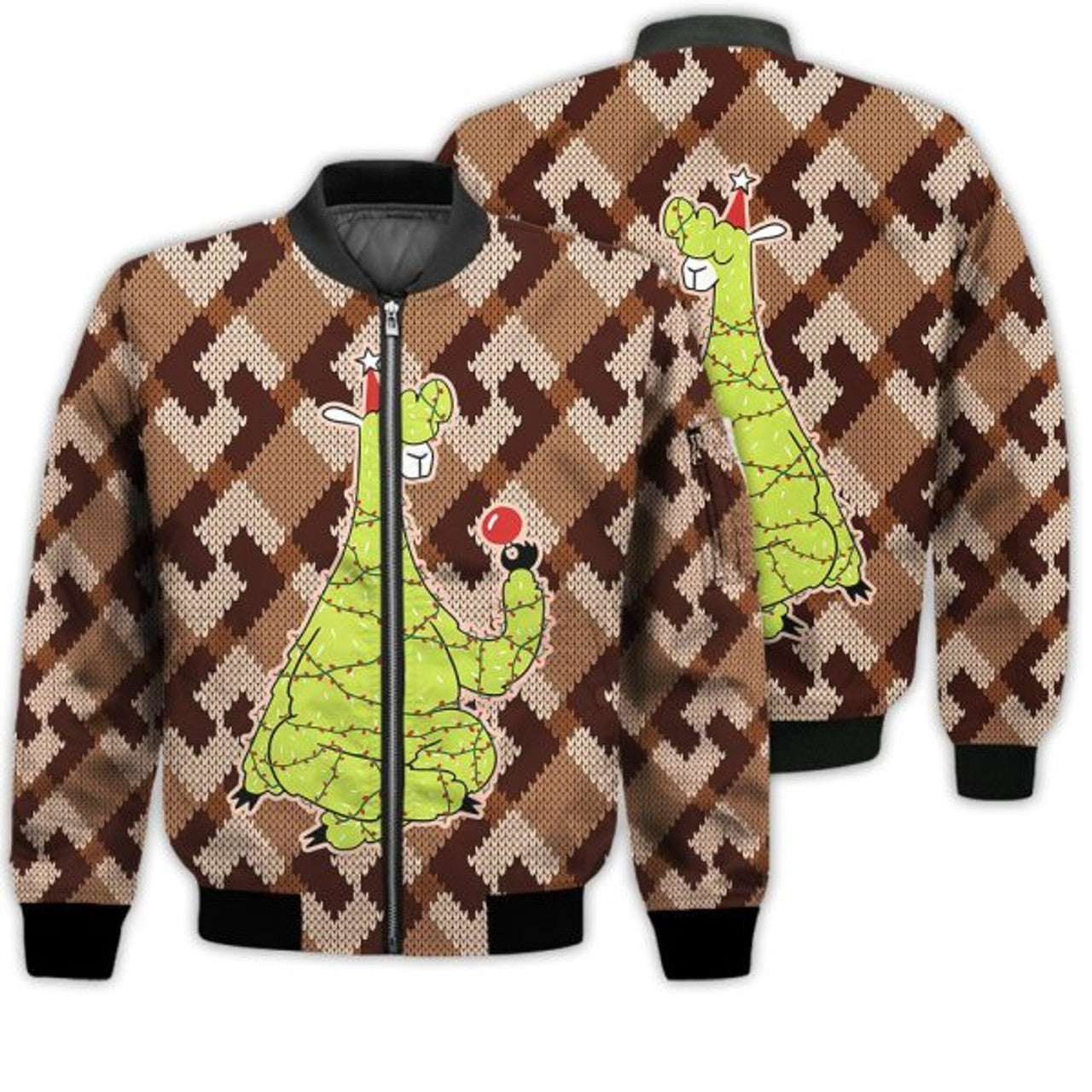 FUNSTUFFPRINTI Merry Christmas Christmas Tree Llama Retro Christmas Holiday Gifts Unisex 3D Bomber Jacket