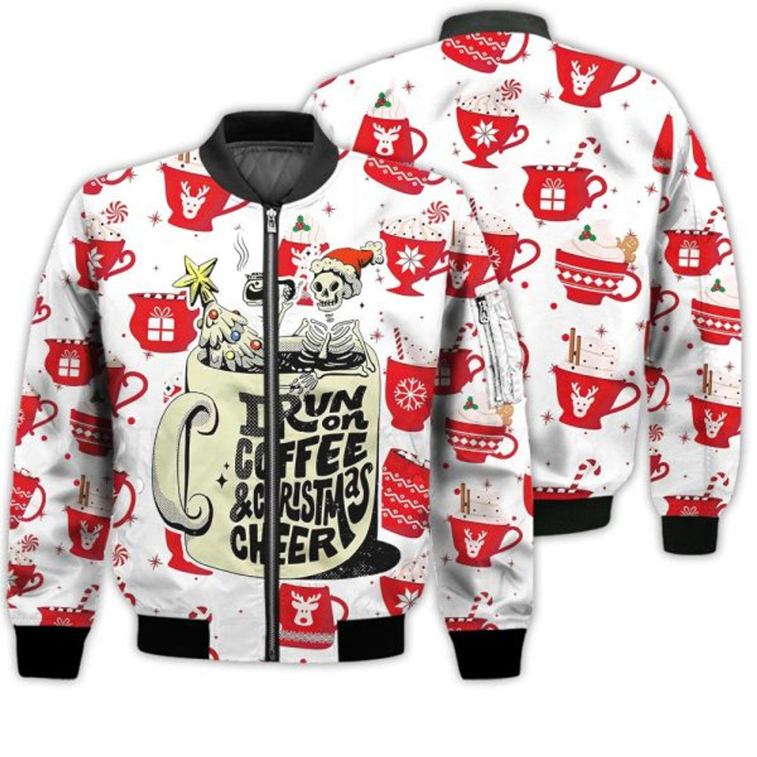 FUNSTUFFPRINTI Merry Christmas Coffee Christmas Skeleton Retro Christmas Holiday Gifts Unisex 3D Bomber Jacket