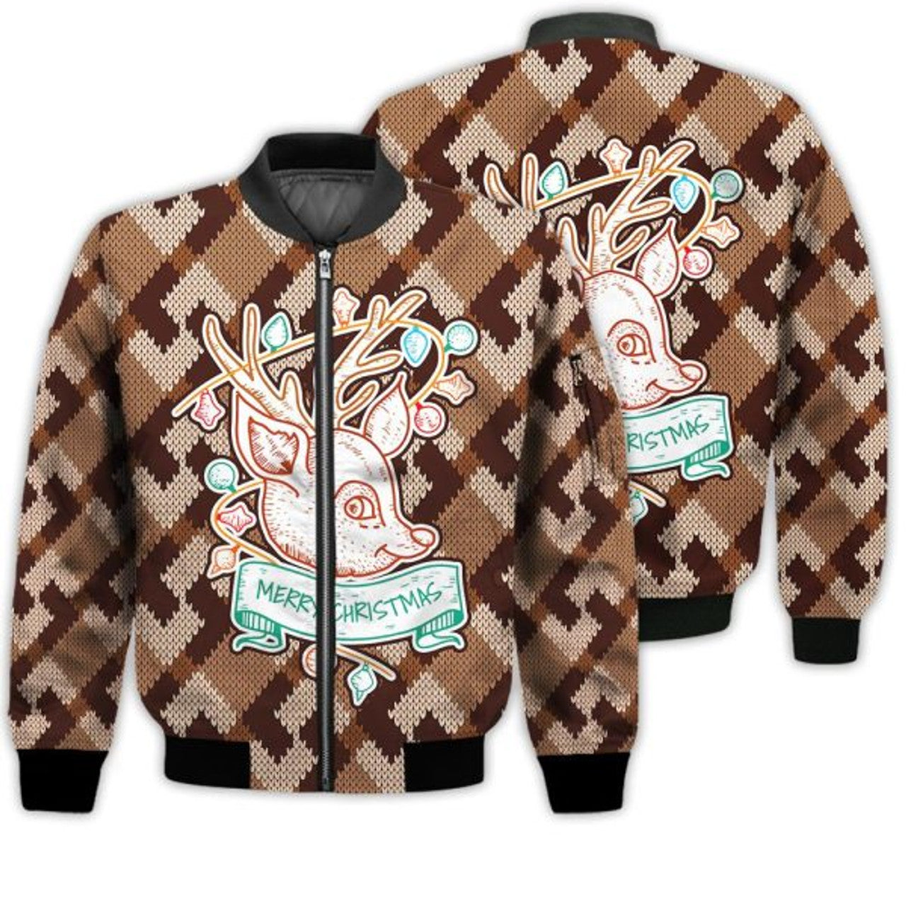 FUNSTUFFPRINTI Merry Christmas Colorful Deer Retro Christmas Holiday Gifts Unisex 3D Bomber Jacket