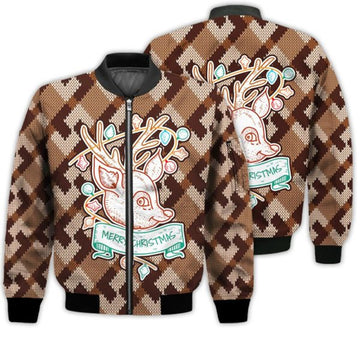 FUNSTUFFPRINTI Merry Christmas Colorful Deer Retro Christmas Holiday Gifts Unisex 3D Bomber Jacket