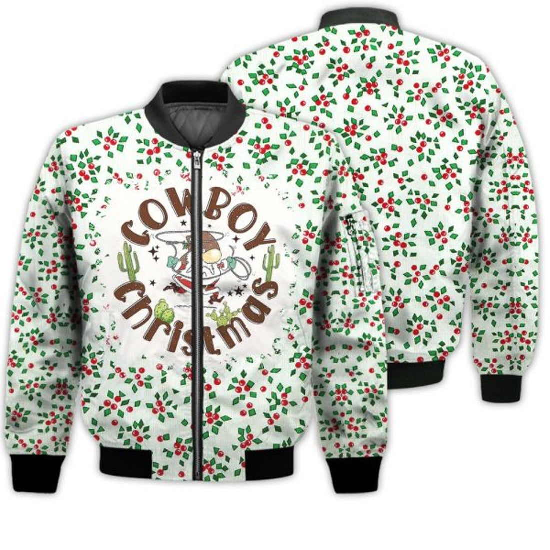 FUNSTUFFPRINTI Merry Christmas Cowboy Christmas 1 Retro Christmas Holiday Gifts Unisex 3D Bomber Jacket