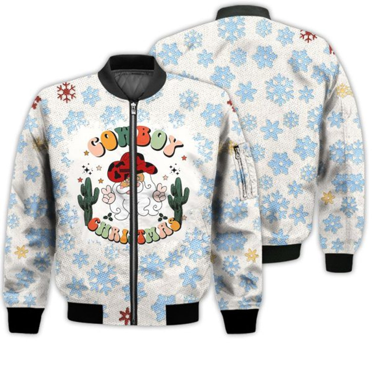 FUNSTUFFPRINTI Merry Christmas Cowboy Christmas Retro Christmas Holiday Gifts Unisex 3D Bomber Jacket