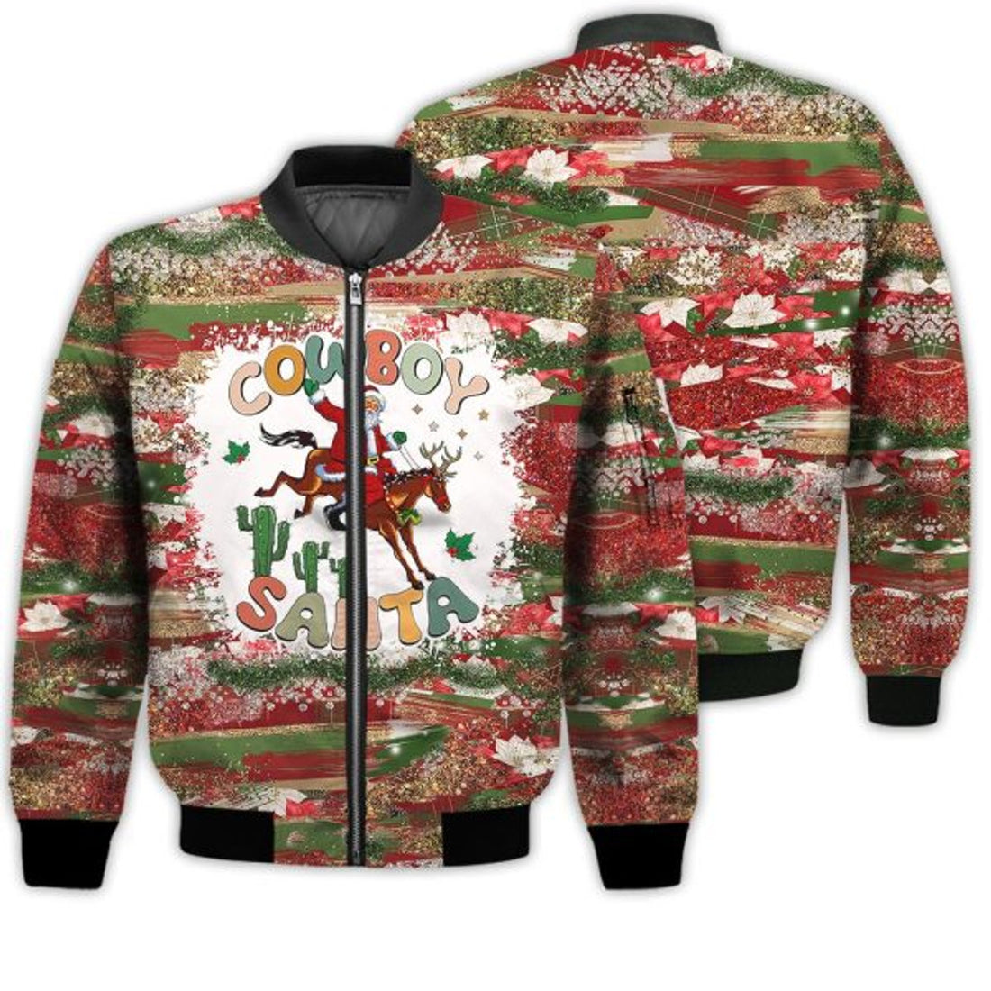 FUNSTUFFPRINTI Merry Christmas Cowboy Santa Retro Christmas Holiday Gifts Unisex 3D Bomber Jacket