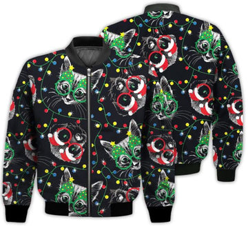 FUNSTUFFPRINTI Merry Christmas Cute Cats And Dogs Retro Christmas Holiday Gifts Unisex 3D Bomber Jacket