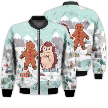 FUNSTUFFPRINTI Merry Christmas Cute Christmas Hedgehog And Cookie Retro Christmas Holiday Gifts Unisex 3D Bomber Bomber Jacket