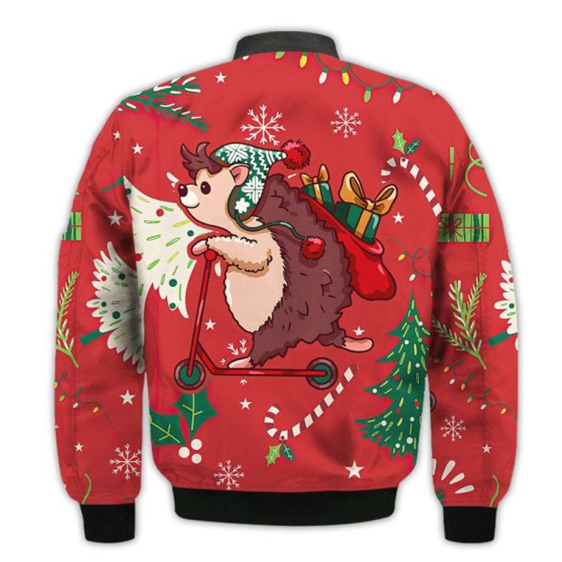 FUNSTUFFPRINTI Merry Christmas Cute Hedgehog On A Scooter Retro Christmas Holiday Gifts Unisex 3D Bomber Jacket