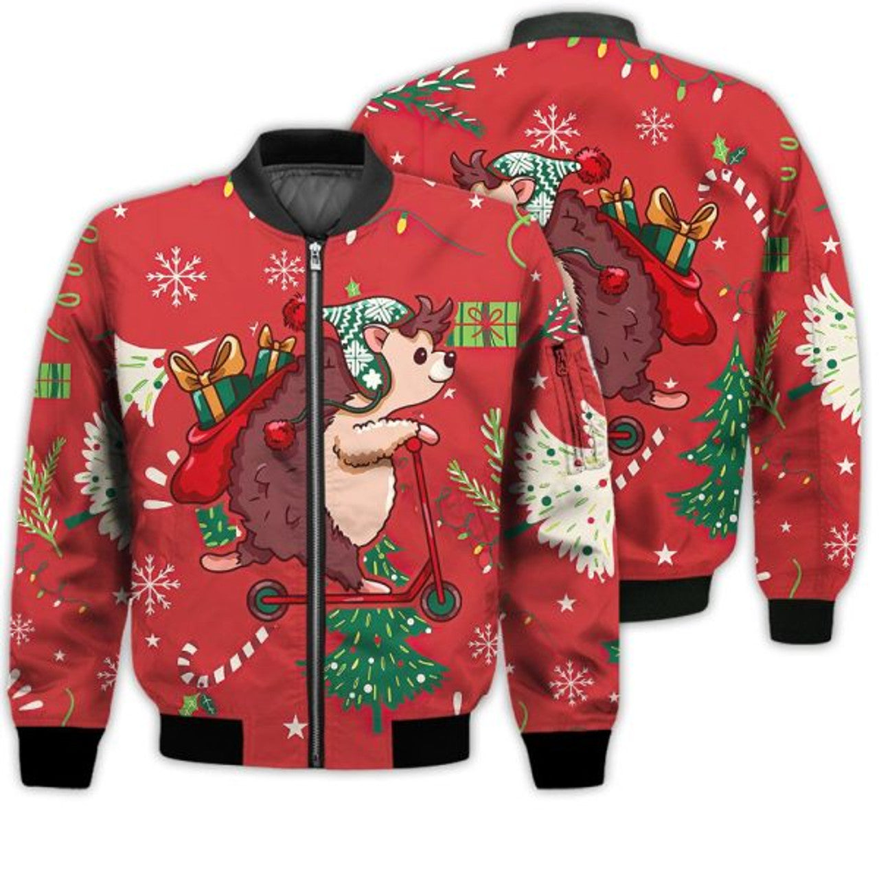 FUNSTUFFPRINTI Merry Christmas Cute Hedgehog On A Scooter Retro Christmas Holiday Gifts Unisex 3D Bomber Jacket