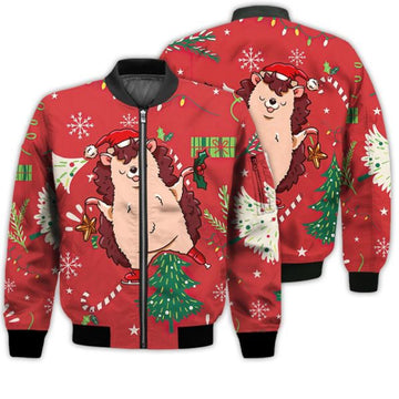 FUNSTUFFPRINTI Merry Christmas Cute Hedgehog With Christmas Retro Christmas Holiday Gifts Unisex 3D Bomber Jacket