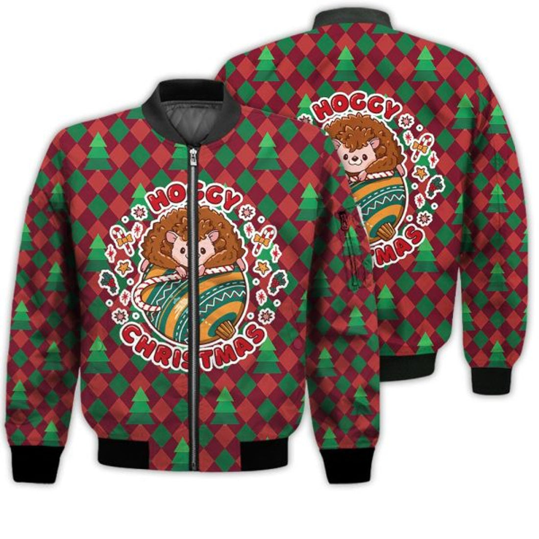 FUNSTUFFPRINTI Merry Christmas Cute Hoggy Hedgehog Retro Christmas Holiday Gifts Unisex 3D Bomber Jacket