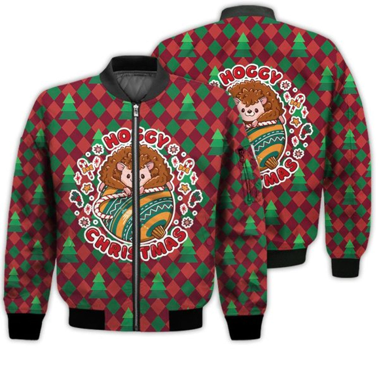 FUNSTUFFPRINTI Merry Christmas Cute Hoggy Hedgehog Retro Christmas Holiday Gifts Unisex 3D Bomber Jacket