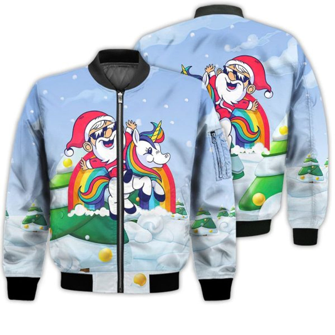 FUNSTUFFPRINTI Merry Christmas Cute Santa Unicorn Retro Christmas Holiday Gifts Unisex 3D Bomber Jacket