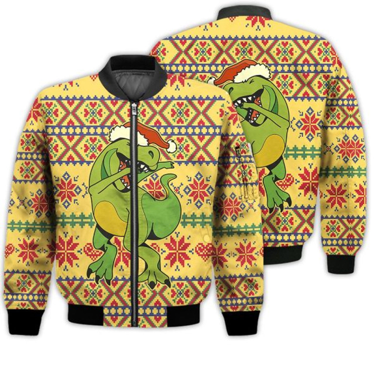 FUNSTUFFPRINTI Merry Christmas Dabbing Dino Christmas Retro Christmas Holiday Gifts Unisex 3D Bomber Jacket