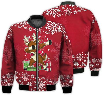 FUNSTUFFPRINTI Merry Christmas Dabbing Rudolph Christmas Retro Christmas Holiday Gifts Unisex 3D Bomber Jacket
