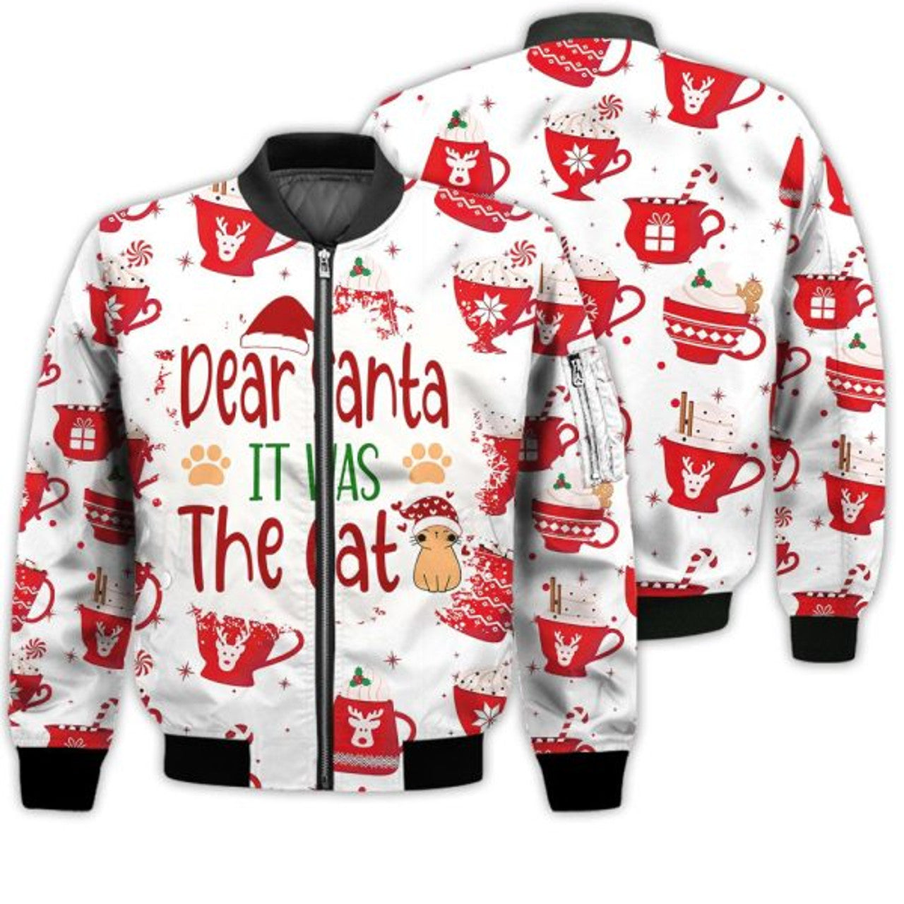 FUNSTUFFPRINTI Merry Christmas Dear Santa It Was The Cat Retro Christmas Holiday Gifts Unisex 3D Bomber Jacket