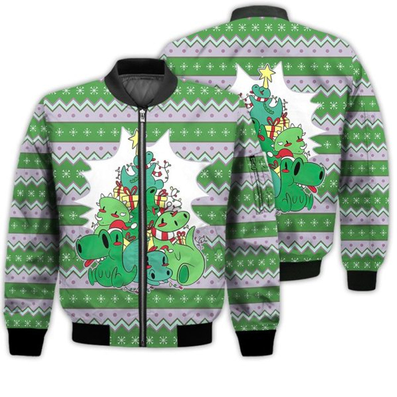 FUNSTUFFPRINTI Merry Christmas Dinosaur Christmas Tree Retro Christmas Holiday Gifts Unisex 3D Bomber Jacket
