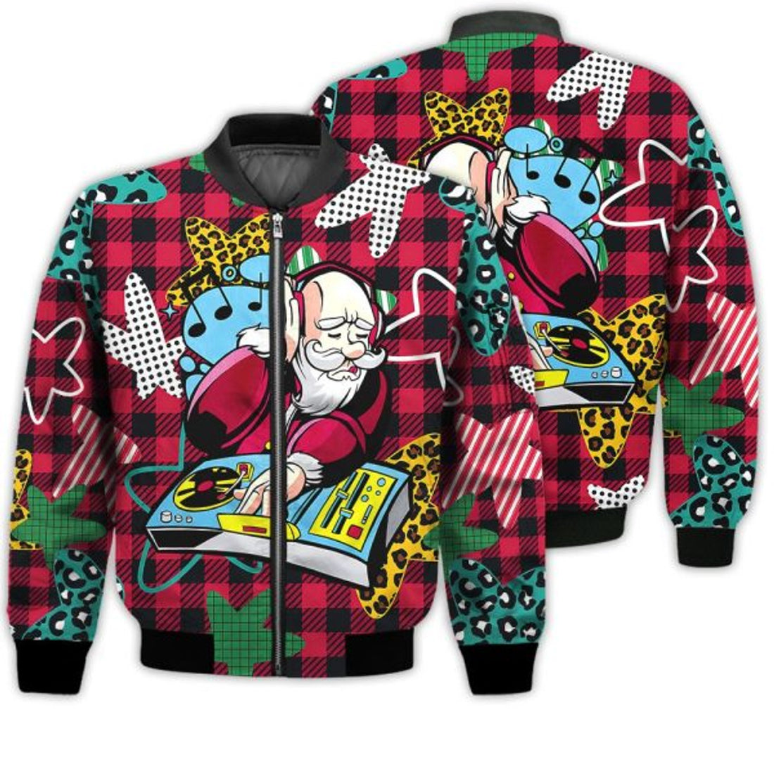 FUNSTUFFPRINTI Merry Christmas Dj Santa Retro Christmas Holiday Gifts Unisex 3D Bomber Jacket