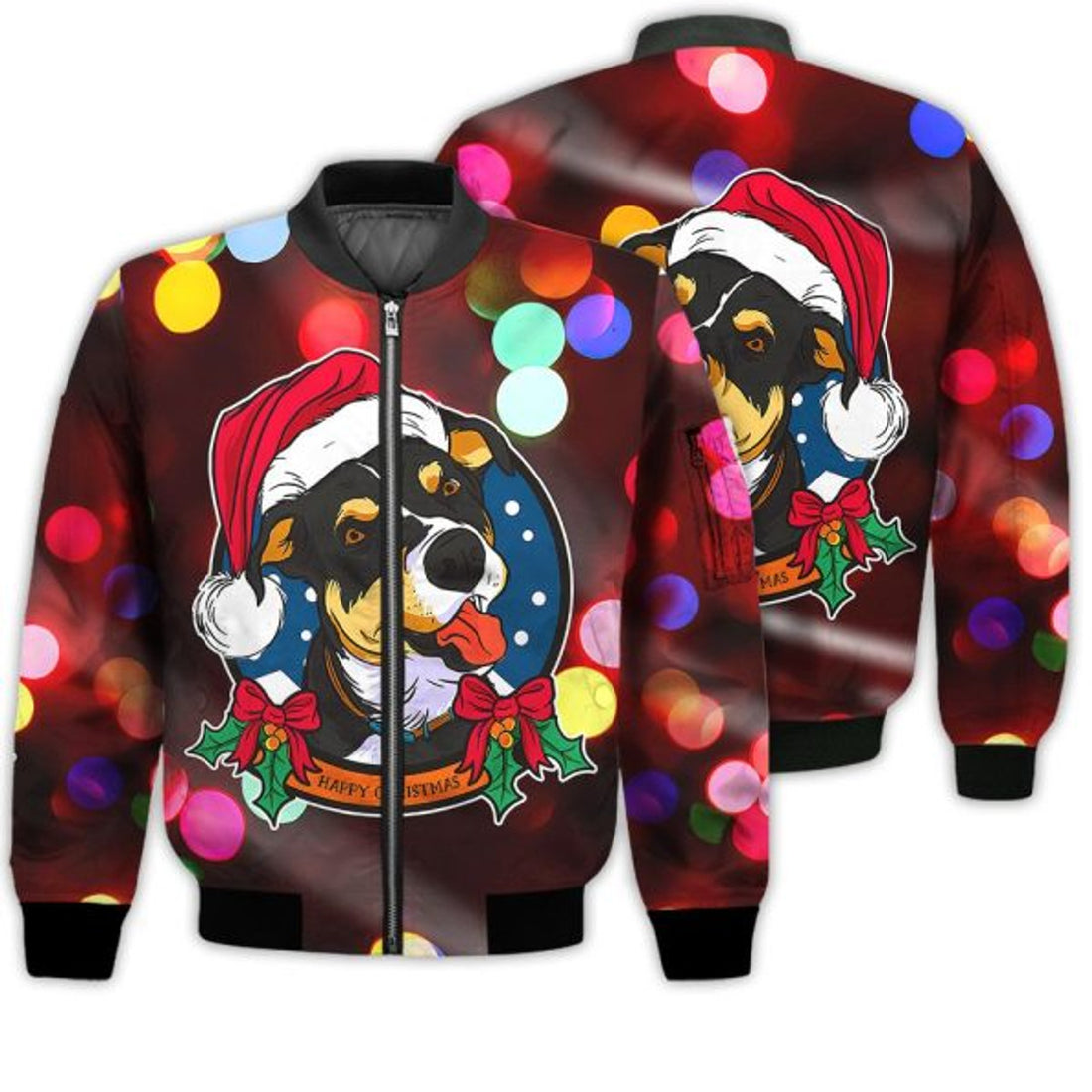FUNSTUFFPRINTI Merry Christmas Dog With Hat Retro Christmas Holiday Gifts Unisex 3D Bomber Jacket