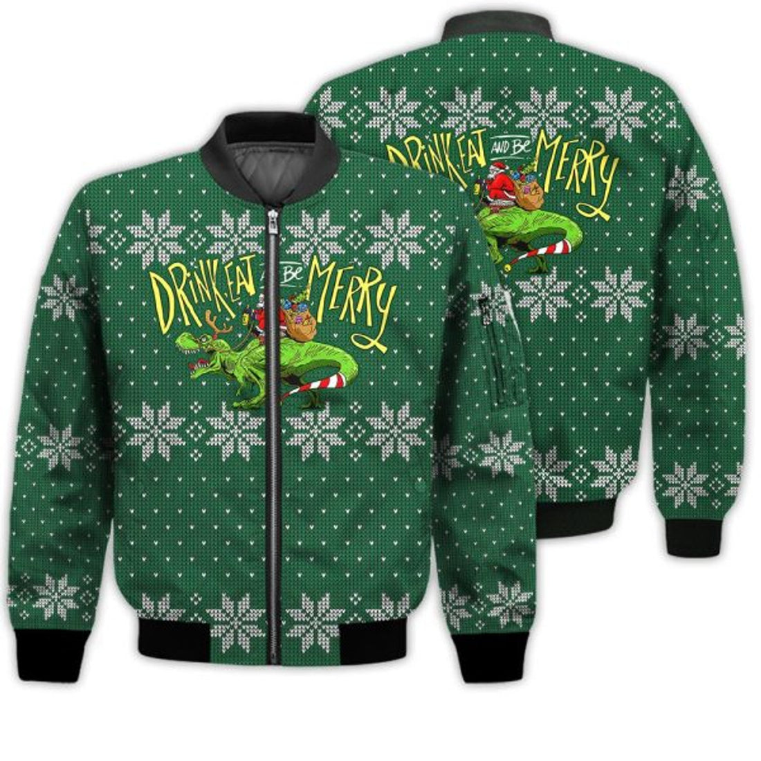 FUNSTUFFPRINTI Merry Christmas Drink, Eat And Merry Retro Christmas Holiday Gifts Unisex 3D Bomber Jacket