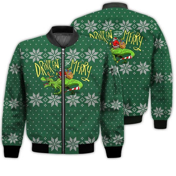 FUNSTUFFPRINTI Merry Christmas Drink, Eat And Merry Retro Christmas Holiday Gifts Unisex 3D Bomber Jacket