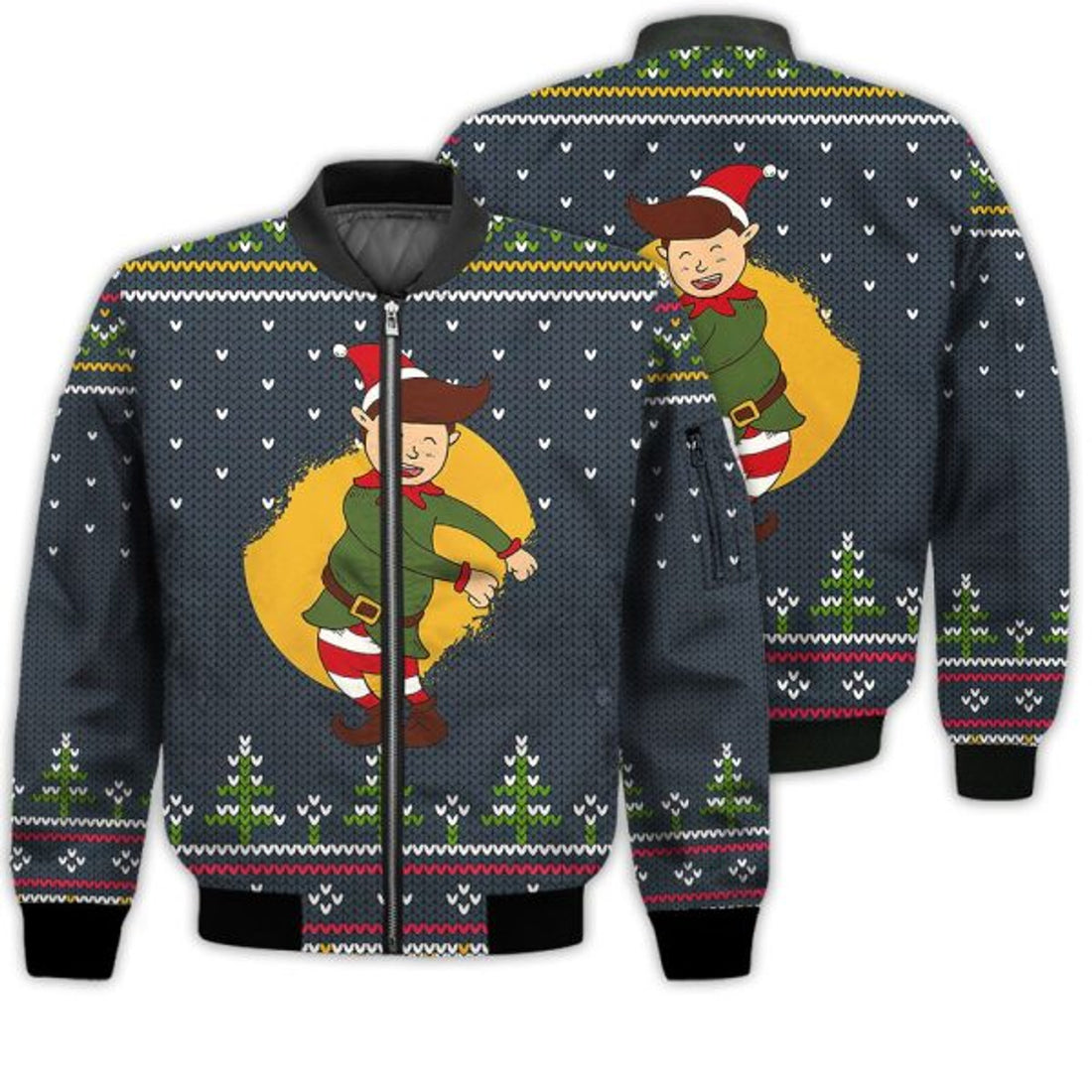 FUNSTUFFPRINTI Merry Christmas Elf Floss Dance Retro Christmas Holiday Gifts Unisex 3D Bomber Jacket