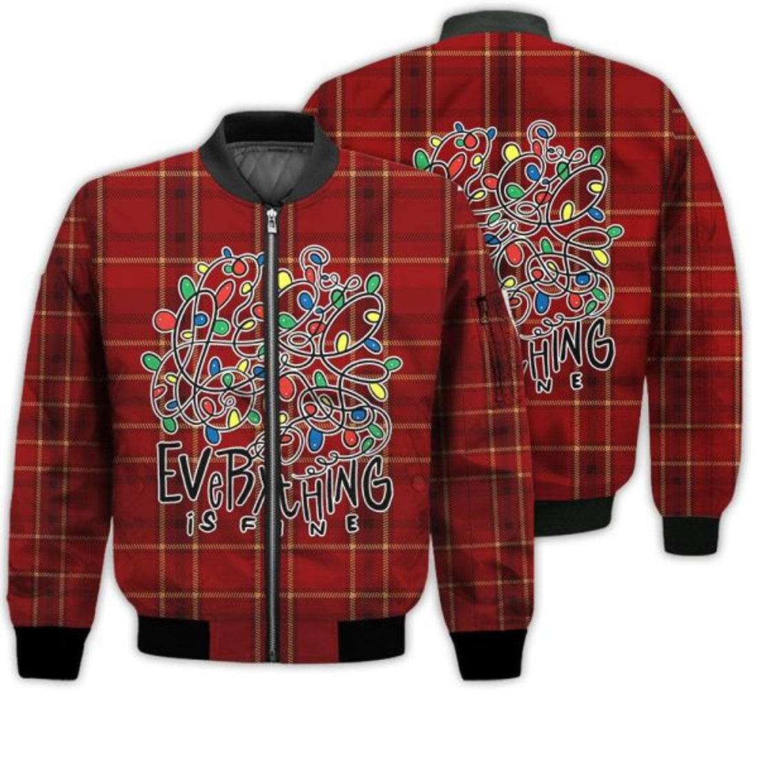 FUNSTUFFPRINTI Merry Christmas Everything Is Fine Light Retro Christmas Holiday Gifts Unisex 3D Bomber Jacket
