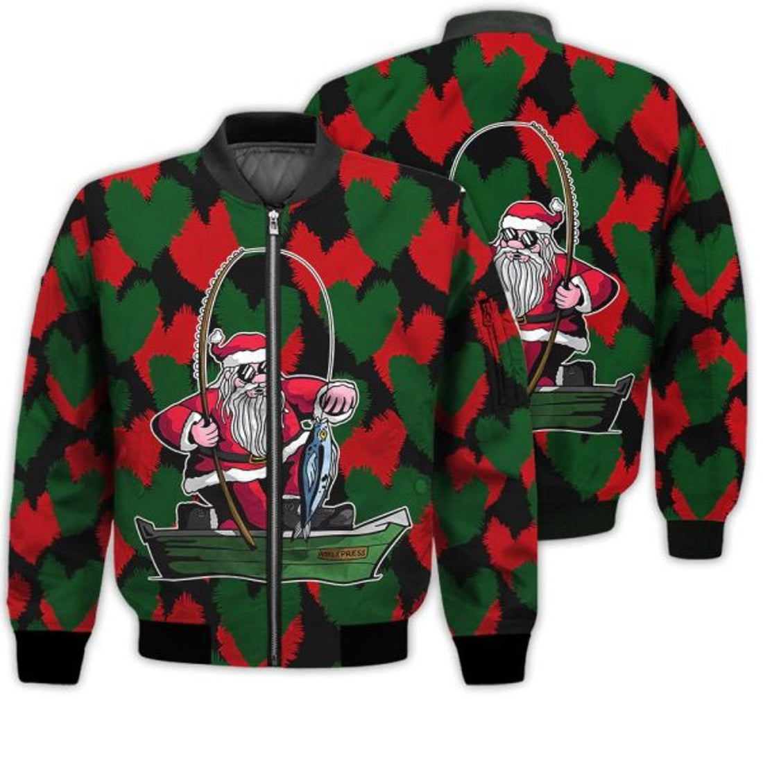 FUNSTUFFPRINTI Merry Christmas Fishing Santa Retro Christmas Holiday Gifts Unisex 3D Bomber Jacket