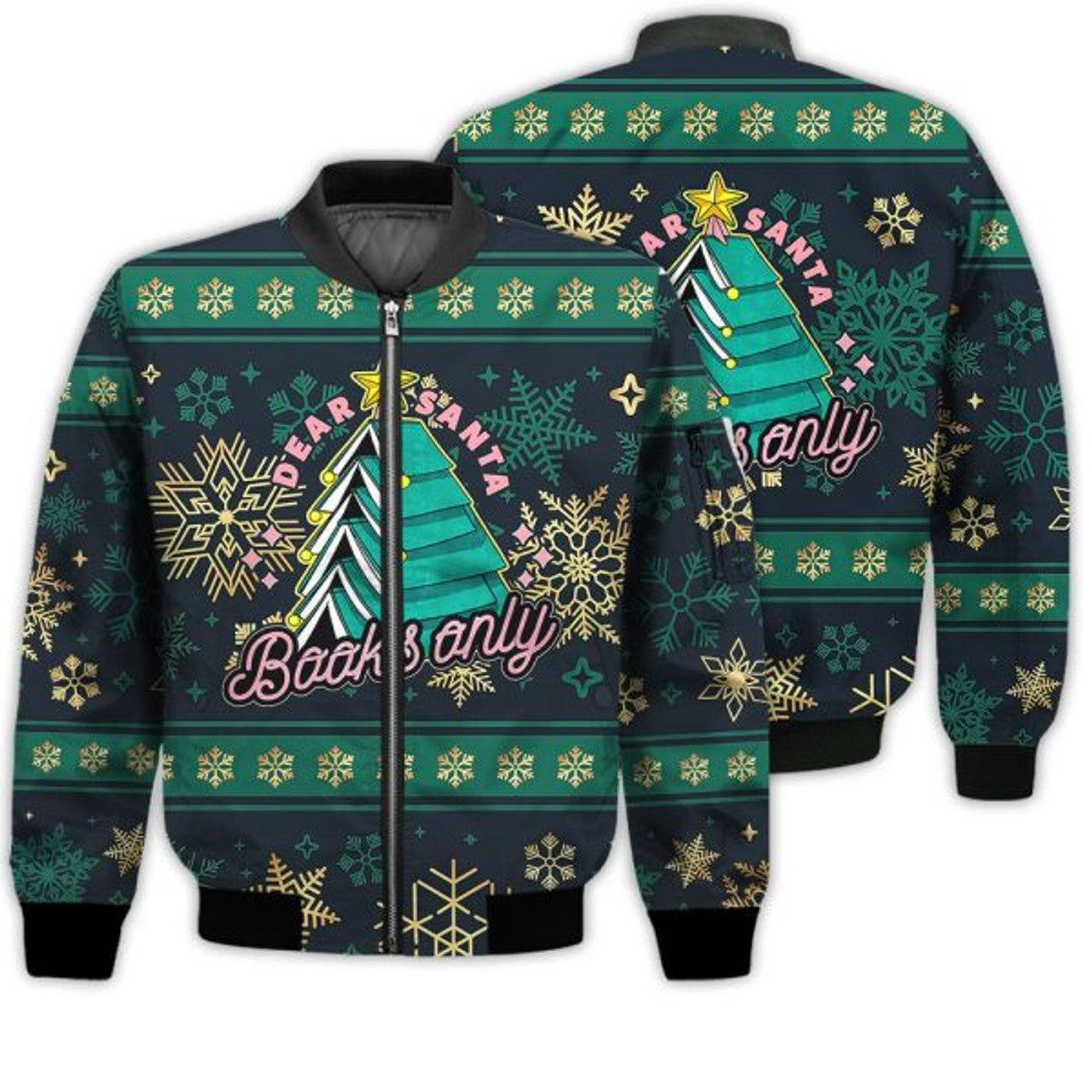 FUNSTUFFPRINTI Merry Christmas Funny Christmas Books Retro Christmas Holiday Gifts Unisex 3D Bomber Jacket