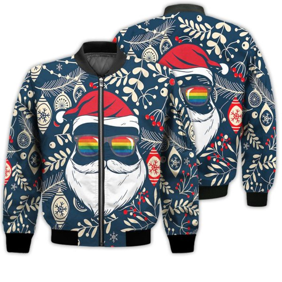 FUNSTUFFPRINTI Merry Christmas Gay Santa Glasses Retro Christmas Holiday Gifts Unisex 3D Bomber Jacket