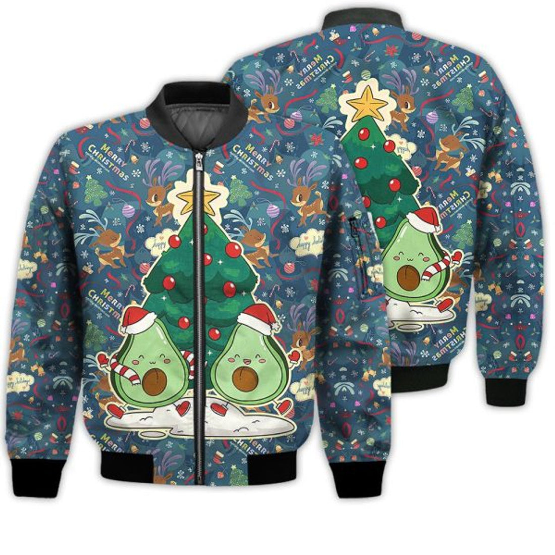FUNSTUFFPRINTI Merry Christmas Happy Avocado Retro Christmas Holiday Gifts Unisex 3D Bomber Jacket