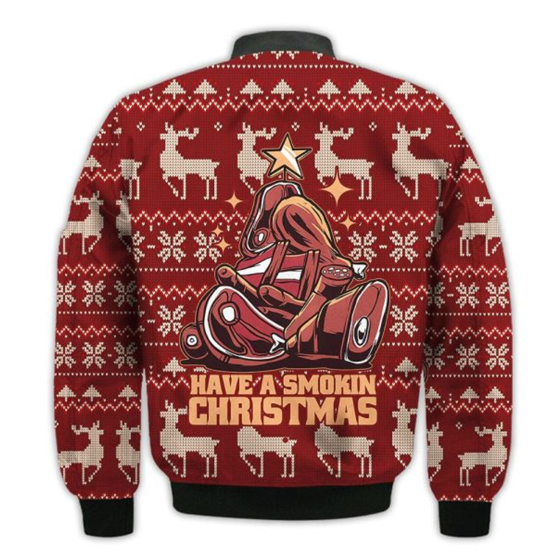 FUNSTUFFPRINTI Merry Christmas Have A Smokin Christmas Meat Tree Food Christmas Holiday Gifts Unisex 3D Bomber Jacket