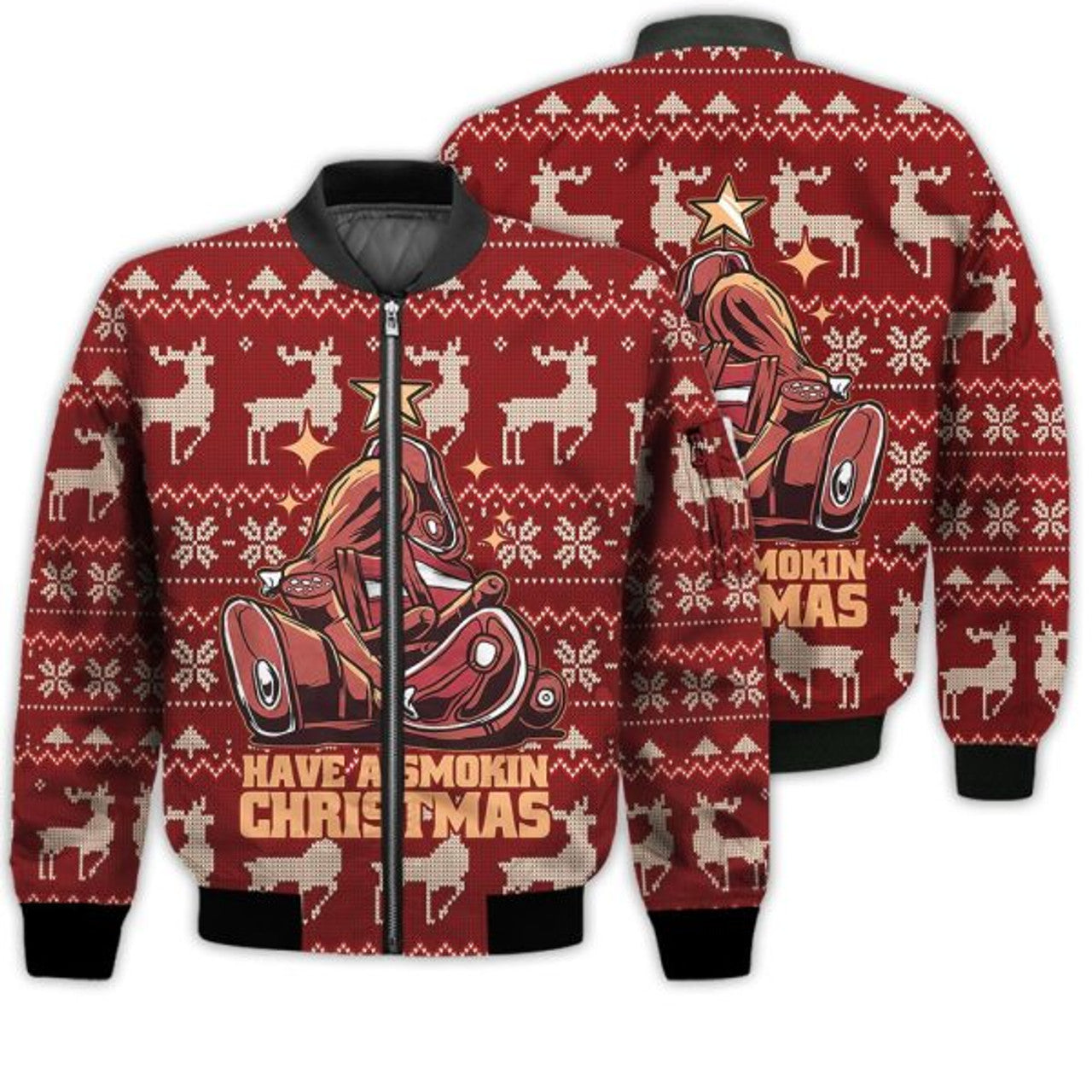FUNSTUFFPRINTI Merry Christmas Have A Smokin Christmas Meat Tree Food Christmas Holiday Gifts Unisex 3D Bomber Jacket