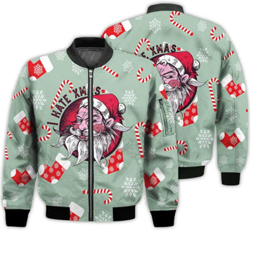 FUNSTUFFPRINTI Merry Christmas I Hate Christmas Retro Christmas Holiday Gifts Unisex 3D Bomber Bomber Jacket