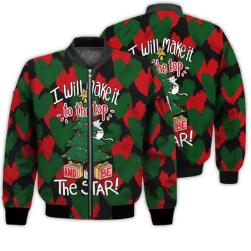 FUNSTUFFPRINTI Merry Christmas I Will Make It To The Top The Star Retro Christmas Holiday Gifts Unisex 3D Bomber Bomber Jacket