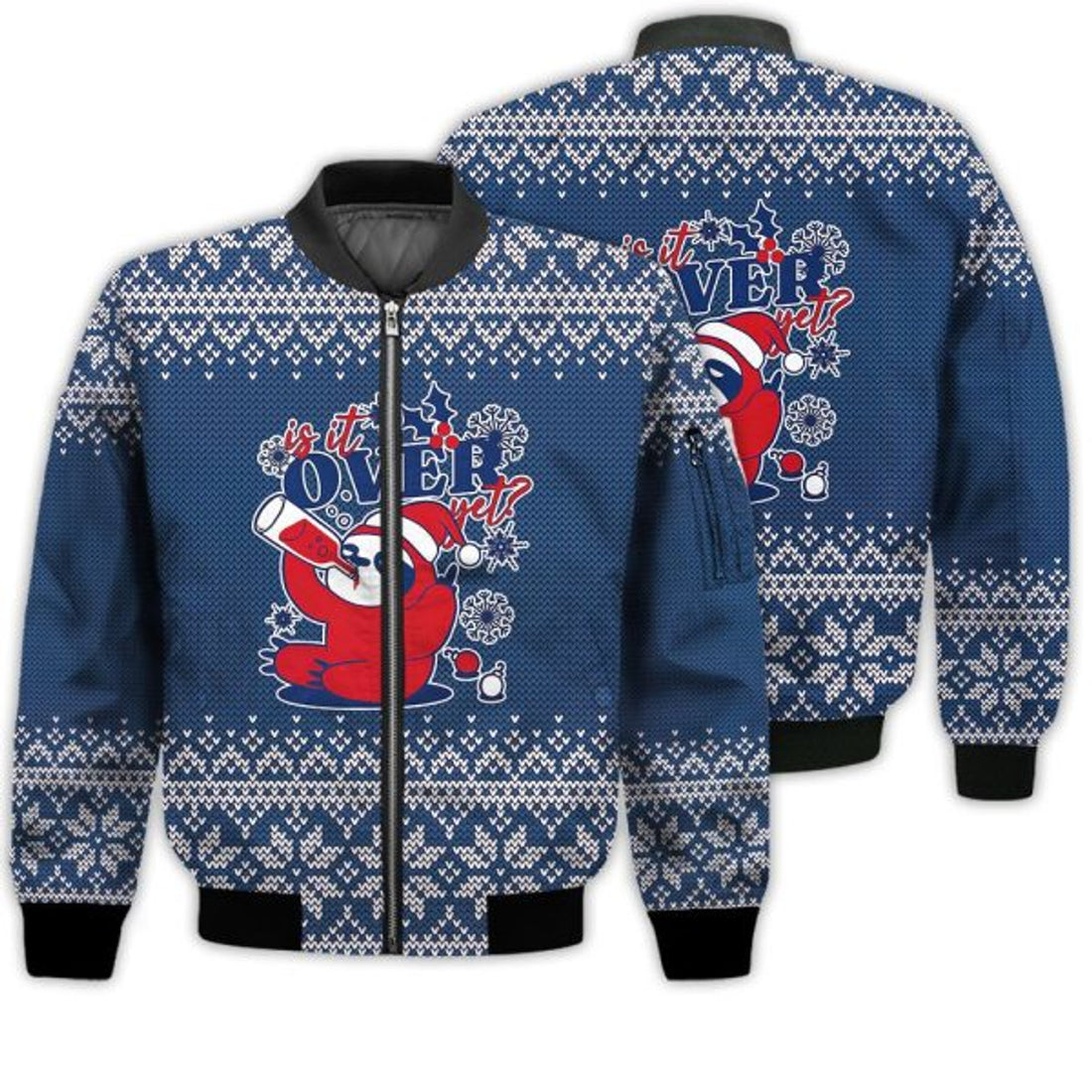 FUNSTUFFPRINTI Merry Christmas Is It Over Yet Christmas Sloth Retro Christmas Holiday Gifts Unisex 3D Bomber Bomber Jacket