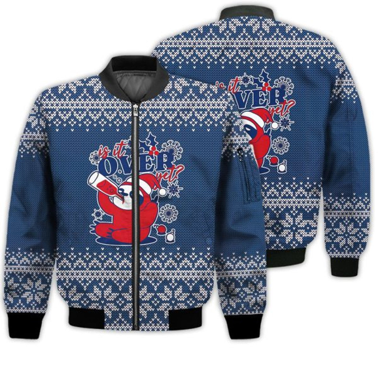 FUNSTUFFPRINTI Merry Christmas Is It Over Yet Christmas Sloth Retro Christmas Holiday Gifts Unisex 3D Bomber Bomber Jacket