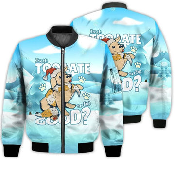 FUNSTUFFPRINTI Merry Christmas Is It Too Late To be Good Retro Christmas Holiday Gifts Unisex 3D Bomber Bomber Jacket