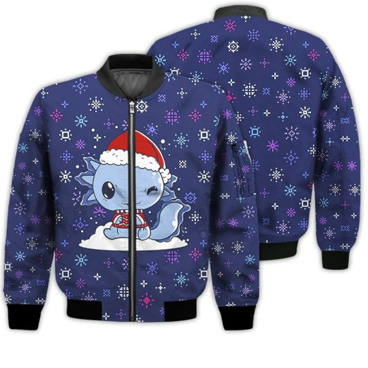 FUNSTUFFPRINTI Merry Christmas Kawaii Axolotl In Christmas Retro Christmas Holiday Gifts Unisex 3D Bomber Bomber Jacket