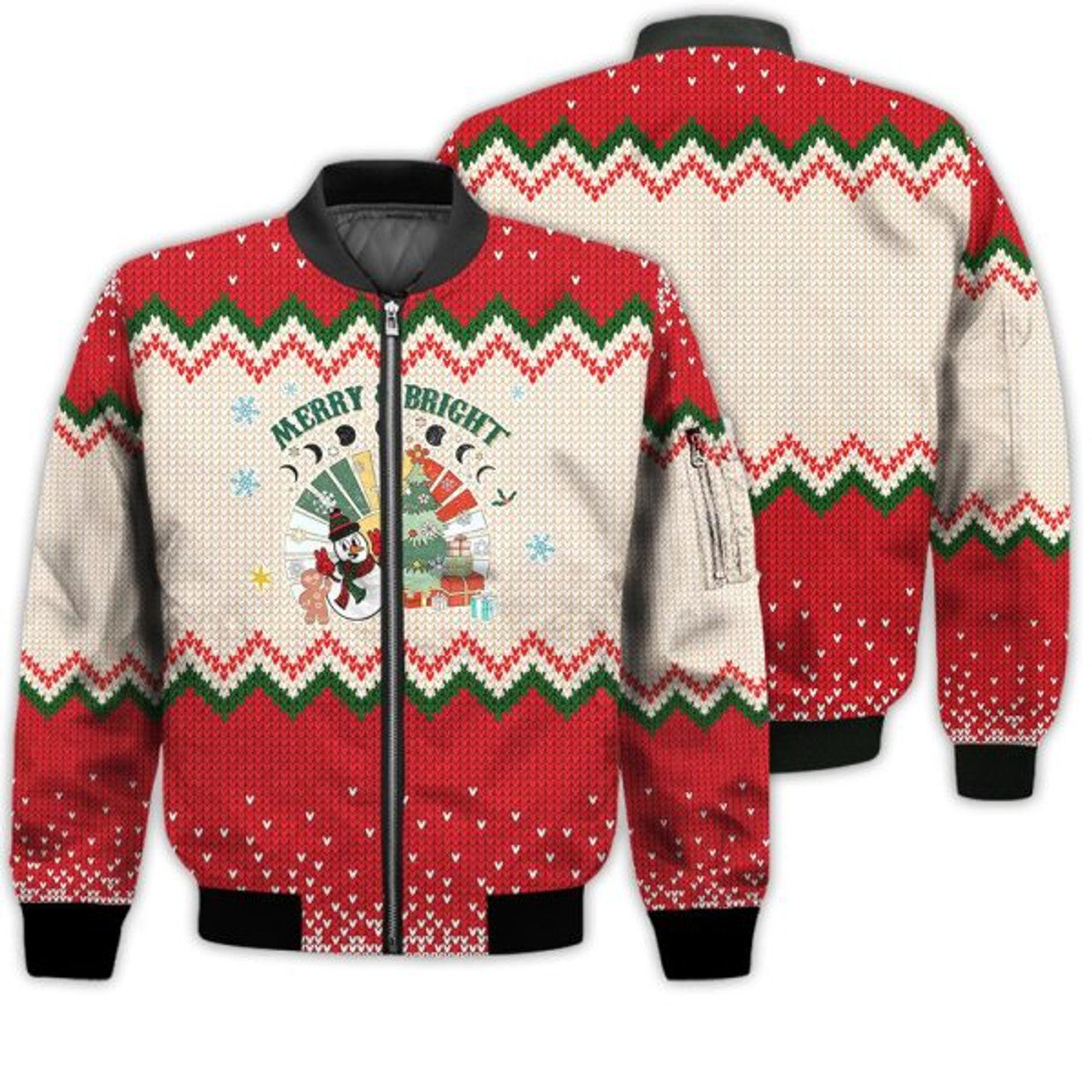 FUNSTUFFPRINTI Merry Christmas Merry & Bright Retro Christmas Holiday Gifts Unisex 3D Bomber Bomber Jacket