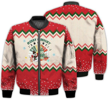 FUNSTUFFPRINTI Merry Christmas Merry & Bright Retro Christmas Holiday Gifts Unisex 3D Bomber Bomber Jacket