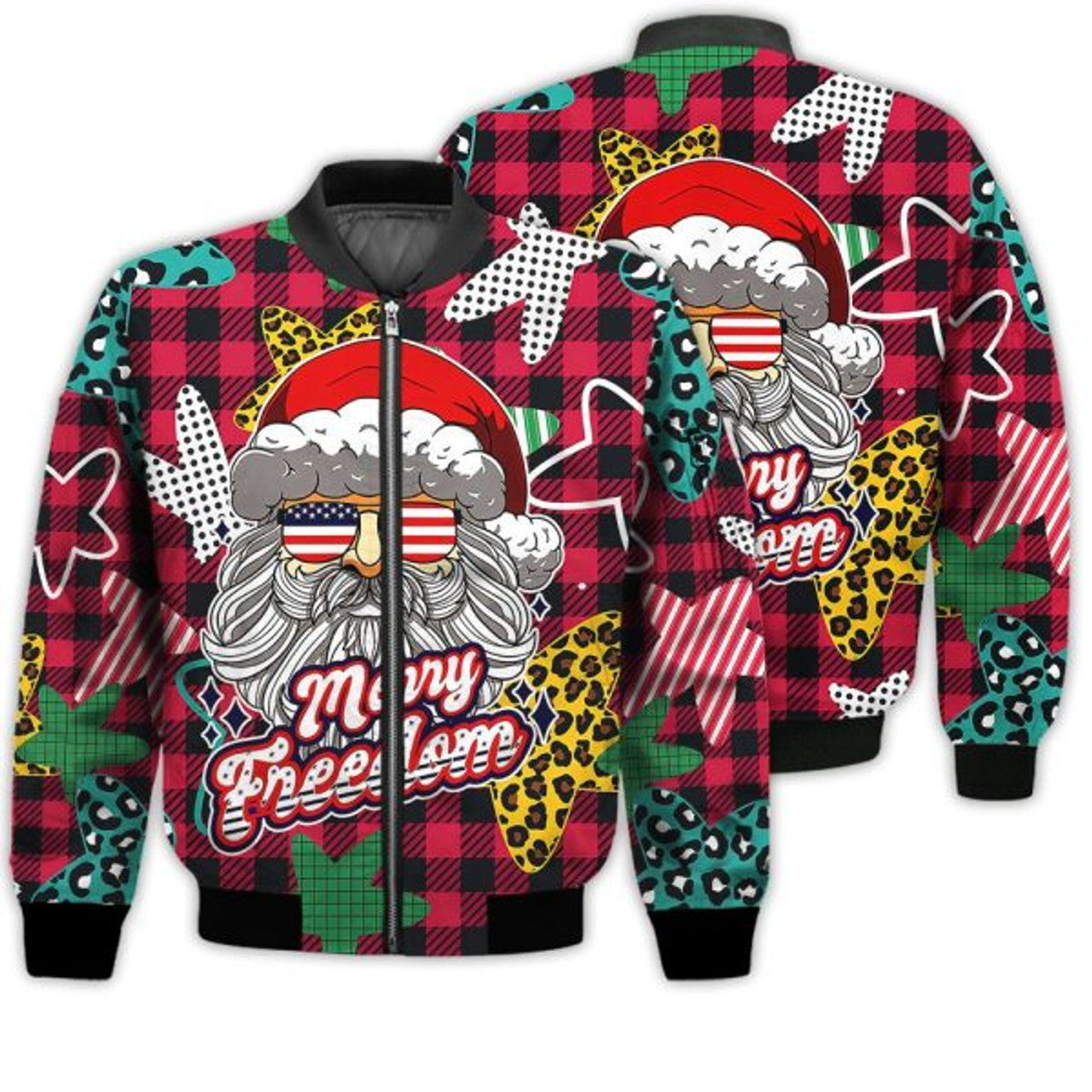 FUNSTUFFPRINTI Merry Christmas Merry Freedom Retro Christmas Holiday Gifts Unisex 3D Bomber Jacket