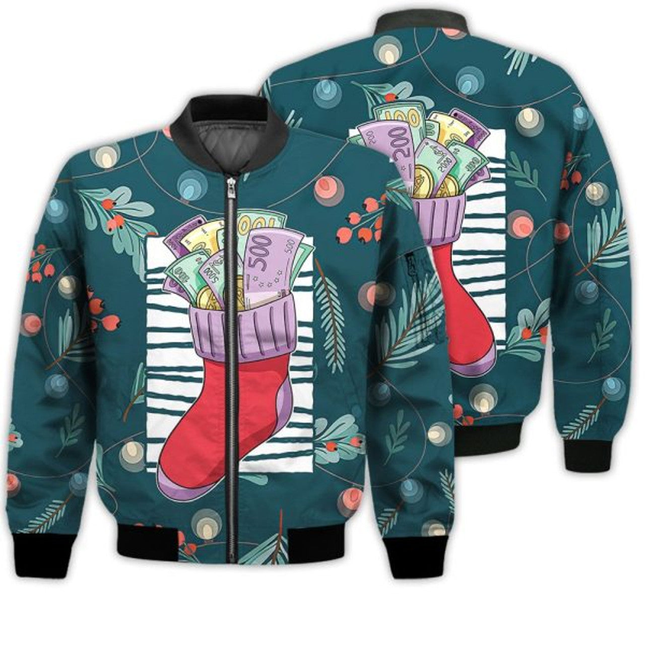 FUNSTUFFPRINTI Merry Christmas Money Christmas Sock Retro Christmas Holiday Gifts Unisex 3D Bomber Bomber Jacket